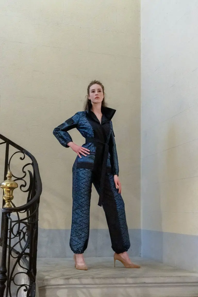 Blue Thai silk couture jumpsuit by Saskia ter Welle, worn at the opening of the exhibition “Rêves” at Campredon Art + Image in the south of France