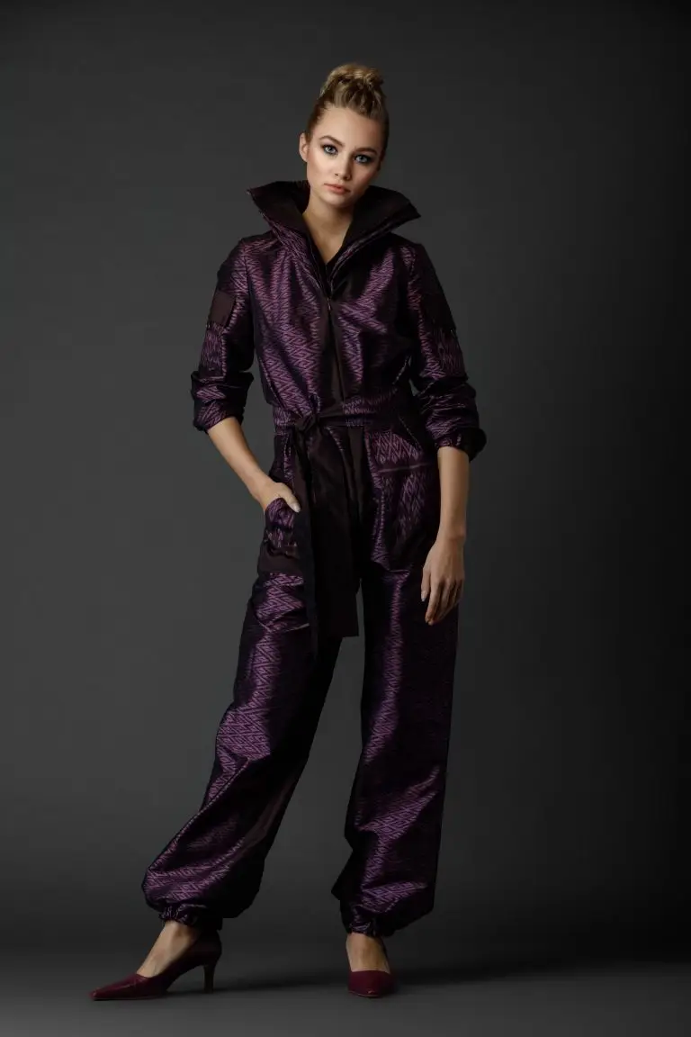 Full view of purple Thai silk couture jumpsuit with pleated harmonica-style collar and tailored silhouette, by Saskia ter Well