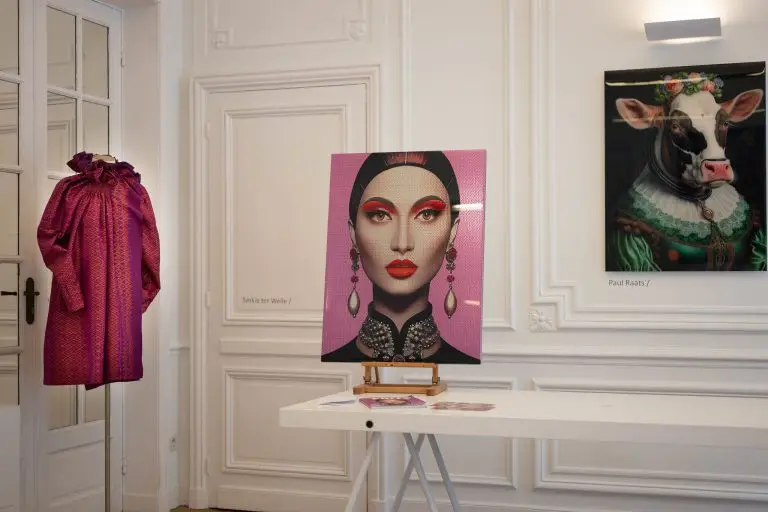 Purple Thai silk couture dress by Saskia ter Welle displayed beside artwork by Paul Raats at the Pop Up exhibition, Atelier Néerlandais Paris
