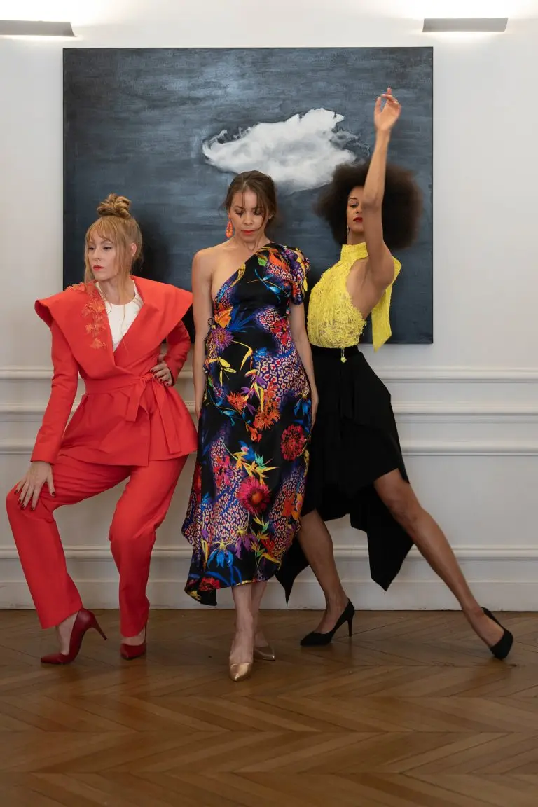 Three dancers performing in couture outfits by Saskia ter Welle during the opening of the Pop Up exhibition at Atelier Néerlandais in Paris