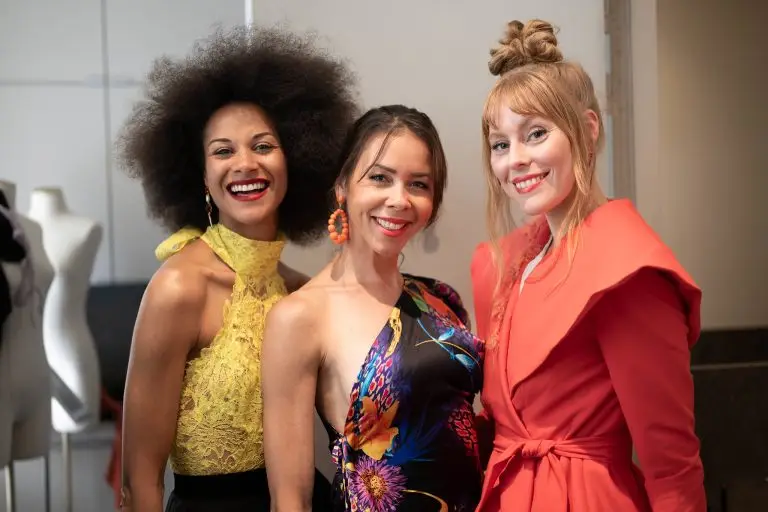 Portrait of three dancers in couture outfits by Saskia ter Welle at the Pop Up exhibition opening in Paris