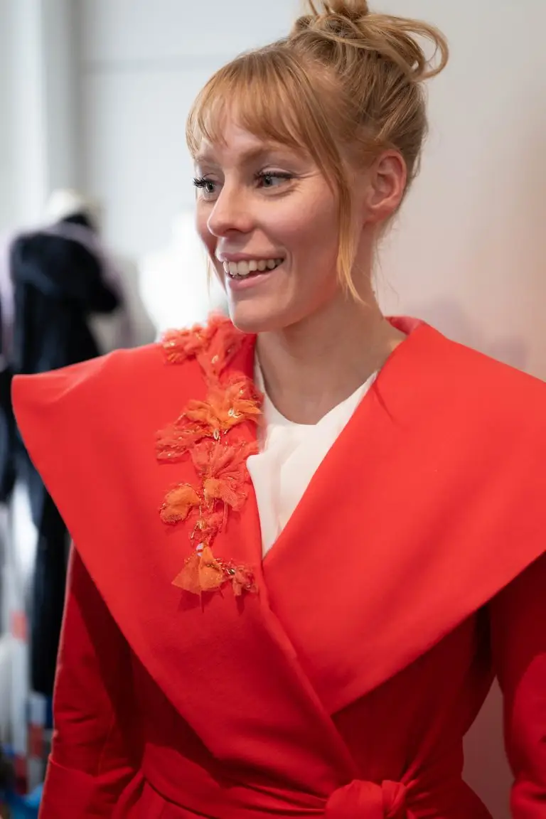 Couturier Saskia ter Welle in conversation with Dutch photographer and Atelier Néerlandais member Louise te Poele during the Pop Up exhibition in Paris. The group exhibition featured the work of 31 Dutch artists, including couture creations by Saskia ter Welle.