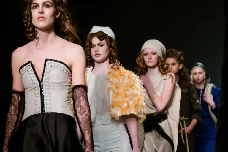 Close-up front view of finale line-up at Saskia ter Welle’s couture show during Amsterdam Fashion Week